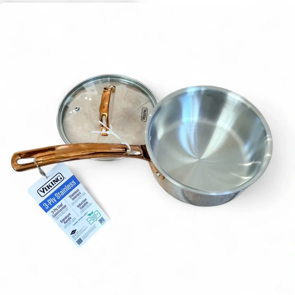 Viking 3-Ply Stainless 2.25 Qt Saucepan Glass Lid Copper Handle Induction NEW